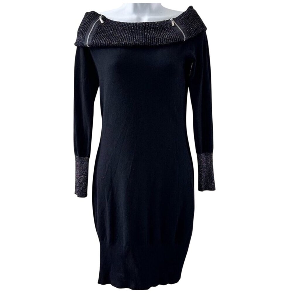 No Boundaries Black Sweater Dress M Off-Shoulder Style Metallic Cuff Detail Poly